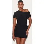 Black Slinky Off The Shoulder Ruched Mini Dress, Black