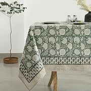 Labhanshi Indian Handblock Print Pre-Washed Cotton Floral Table Cloth|Reusable Rectangle 72x108 Inch 8-Seater Dining Tablecloth|Spring Easter St.Patrick Festive Decorative Table Cover|Moss Green