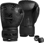 Islero Fitness Matte Black Boxing Gloves Men Punch Bag Women MMA Muay Thai Martial Arts Kick Boxing Sparring Training Fighting Gloves with Hand Wraps