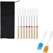 8 Pcs Stainless Steel Telescopic Roasting Sticks with 2 Random Color Barbecue Brushes,U-Shaped Wooden Handle Barbecue Stick,32 Inch Extendable Roasting Sticks for Outdoor Camping BBQ