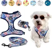 3-Piece Walkies Bundle [Pipco Pets] - Adjustable Dog Harness + Lead + Poo Bag Dispenser | Cute Colourful Patterns | Perfect Fit, Escape Proof Vest | Safe and Secure | (S, Tropic Fronds)