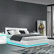 Artiss Double Bed Frame Platform Headboard RGB LED Gas Lift Beds Base with Storage Space Frames Bedroom Room Decor Home Furniture, Upholstered with White PVC Leather + Foam + Wood