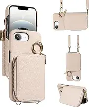 Furiet Wallet Case for iPhone 16e/SE 2025/SE 4 with Shoulder Strap Ring Buckle, Zipper Organ Purse, Credit Card Holder Stand Cell Phone Cover for i Phone16e i16e 16 e SE4 4th Generation 16eCase White