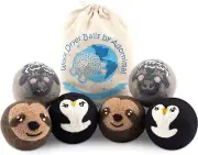 Wool Dryer Balls Penguin, Sloth, & Sheep Design 6-Pack Natural Fabric Softener