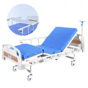 EQUIPMED Medical Bed, w/ Mattress & Over Bed Table, Easy Manual Back and Leg Incline Adjustable, IV Pole, Home Aged Care or ICU Hospital