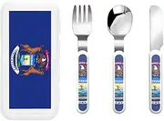 Michigan State Flag 3 Piece Set For Camping Stainless Steel Flatware, Spoon, Fork, Knife, Ideal For Outdoor