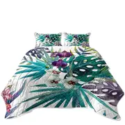 Tropical Leaves and Purple White Orchid Flowers Coverlet