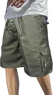 Zankie Elastic Waist Cargo Shorts, Men's Loose Sports Shorts, Lightweight Fabric Sports Shorts for Hiking, Fishing, Camping, and Cycling Army Green