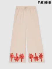 Reiss Stone Cate 13-14 yrs Cotton-Linen Palm Embroidery Trousers (F02824) | $120