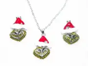 3PC Grinch Rhinestone Necklace & Earrings Set NEW Grinchmas