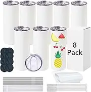 SUBCUB 8 Pack Sublimation Tumbler Blanks 20oz Insulated Stainless Steel Skinny Straight Cups with Lid and Straw Flat Edge Sublimation Water Bottle Travel Coffee Tumblers White DIY
