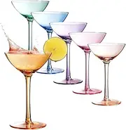 Colored Coupe Glasses Set of 6 | 12 oz Classic Cocktail Glassware for Champagne, Martini, Manhattan, Cosmopolitan, Sidecar, Crystal Speakeasy Style Goblets Stems, Elegantly Vintage Color
