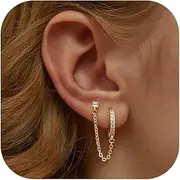 [Adramata] Chain Earrings for Women - 925 Sterling Silver Double Piercing Stud Hoop Earrings 14K Gold Huggie Earrings for Multiple Piercing CZ Drop Cartilage Helix Earrings for Teen Girls