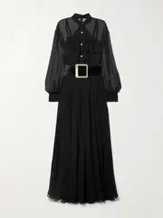 [SERGIO HUDSON] SERGIO HUDSON - Belted Velvet-trimmed Ruffled Chiffon Maxi Dress - Black - US14 US 14 Black