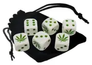 Set of 6 16mm D6 Marijuana Leaf Theme White Dice + Black Velvet Storage Pouch