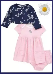 Little Me Daisy Striped Cardigan, Dress and Bloomers Set