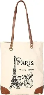 [vintage crafts] Paris Debonair Upcycled Canvas & Leather Tote Bag Shoulder Handbag for Woman with Handles (White)
