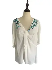 ASOS Oversized Boho Top Size 16 White Embroidered Blouse Short Sleeve Casual