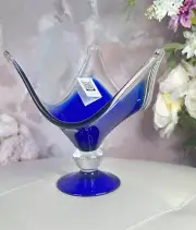 12’’ Beautiful Blue & Clear Art Glass Vase Vintage Murano ITALY, NEW