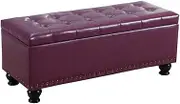 Footstool Change Shoe Bench PU Cushion Bedroom Bed end Stool Rectangular Storage Box Rivet Decoration Bearing Weight 150kg 60x40x42cm Ottomans (Color : Wine red) (Purple)