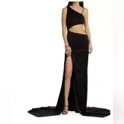 ALICE + OLIVIA Karoline Satin Gold Chain One Shoulder Cut Out Maxi Gown Dress