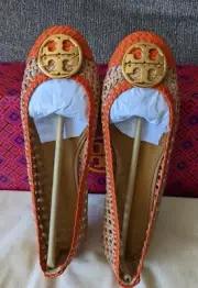 TORY BURCH Chelsea Woven Leather Cap-toe Flats White Gold 6.5