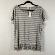 Chicos Gray Metallic Stripe Fringe Hem Short Sleeve Top Womens 2 US Large