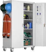 Aobabo Extra Large Garage Storage Cabinet on Wheels, Metal Storage Cabinet with 4 Shelves, 3 Pegboards and 2 Tool Pouches for Home Office Stash, Assembly Required, (White,43.3''W x 21.9''D x 72''H)