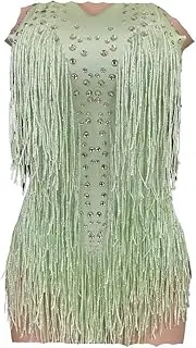 [Generic] Sparkly Bodysuit Women Party Dance Costume Stage Wear Tassel Leotard Performance Clothing(Green,S-M)