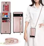 [Cavor] Vertical Flip Cover for Google Pixel 6a Leather Case 6.1'' Crossbody Wallet Card Slots with 360°Rotation Ring Holder Kickstand & Long Shoulder Lanyard Strap-Rose