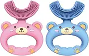 2Pcs Cute Bears U-Shaped Toddler Toothbrush, Flexible Cartoon Training Kids Toothbrush for Age 3-11 Years, Soft Food Grade Silicone Manual Brush for Kids Travel Bathroom (Blue&Pink)