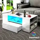 Modern LED Lights Coffee Table Storage Shelf Wooden Cabinet w/2 Drawers White