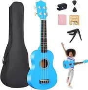 Toddler Guitar Kids Ukulele 21 Inch Ukulele for Beginners 4 String Toddler Guitar,Basswood Ukulele with Pick, Capo, Carry Bag Musical Instrument Toy Blue