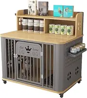 Wooden dog crate, portable dog crate, dog crate with shelves, side with small storage board for cans, bottom with dog toilet + universal wheels, suitable for small and medium-sized dogs(Log+grey)