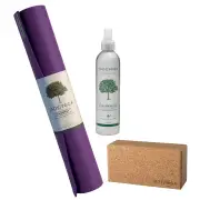 Jade Yoga Harmony Mat - Purple & Jade Yoga Cork Yoga Block - Small + Jade Yoga Plant Based Mat Wash - 8 oz Starter Kit