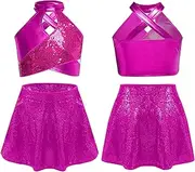 [iEFiEL] Kids Girls Shiny Camisole Top with Ruffle Skirt 2Pcs Jazz Latin Hip Hop Clothing Set Dancing Clothes