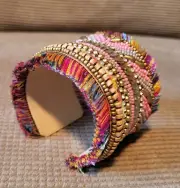 NEIMAN MARCUS Multicolor Beaded Fringe Sequin Boho Cuff Bracelet India Pristine