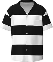 [HVTTIOR] Stripes Black White Print Short Sleeve Shirt Cuban Collar Beach Casual Style Summer Vacation Relaxed Fit