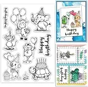 GLOBLELAND Cartoon Birthday Animal Clear Stamps Mouse Dog Frog Elephant Cow Turtle Silicone Clear Stamp Seals Funny Animals Transparent Stamps for DIY Scrapbooking Cards Making Photo Album Journal