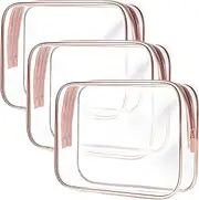 [TRODANCE] Clear Toiletry Bag, 3 Packs TSA Approved Water resistant Travel Organizer, Airport Airline Travel Essential Carry On Makeup Cosmetic Bags for Women, RosePink - 3 packs