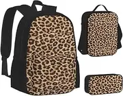[WURTON] Fun Leopard Print Print Backpack Lunch Box Set,3 In 1 Bookbag And Pencil Case Bundle Matching Combo, Black, One Size