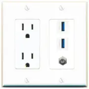 3 Port Power Outlet Cover Plug Jack UL 2 Gang COAX 2 USB-3 Wall Plate