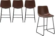 OIKITURE Bar Stools Set of 4, Bar Stool with Back, Counter Bar Stool with Anti-Slip Protectors, Leather Padded Kitchen Dining Chairs in 64cm Seat Height for Cafe Bar Dining Room, Brown
