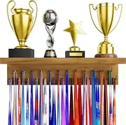 DSVENROLY Medal Holder Display Trophy Shelf Organize, Sturdy Wooden Medal Trophy Hanger Rack with 25 Steel Hooks, Wall Mount Medal Hanger for Race Medals Trophies(1PC, Brown)