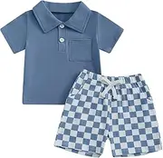 [Ledy Champswiin] Baby Boy Summer Outfit Set Short Sleeve Pocket T-shirt and Checkered Shorts Cute Infant Toddler Clothes