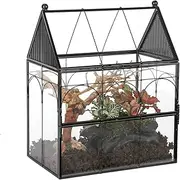 NCYP Glass Enclosure with Vent Holes for Insect, Jumping Spiders, Snails - 7.5" x 4.9" x 9" Small Closed Front Opening Door Succulent Terrarium - House Shape Habitat, Home Decor Black (No Plants)