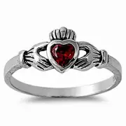 Claddagh Ring Genuine Sterling Silver 925 Rhodium Plated Garnet CZ 7 mm Size 8
