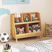 [Honey Joy] 5-Cube Kids Bookshelf and Toy Organiser, 2-TierToy Chest w/Solid Wood Legs & Anti-Tipping Kits, Wooden Kids Open Bookcase Storage Display Organizer for Playroom, Bedroom & Nursery, Natural