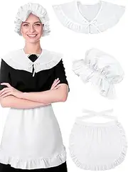 Suhine 3 Pcs Halloween Colonial Costume Set White Colonial Bonnet Shawl Wrap Waist Apron Women Pilgrim Costume Accessories
