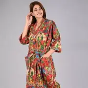 Indian Long Red Frida Kahlo Cotton Robe Kimono Robe Sleepwear Night Suit Kimono